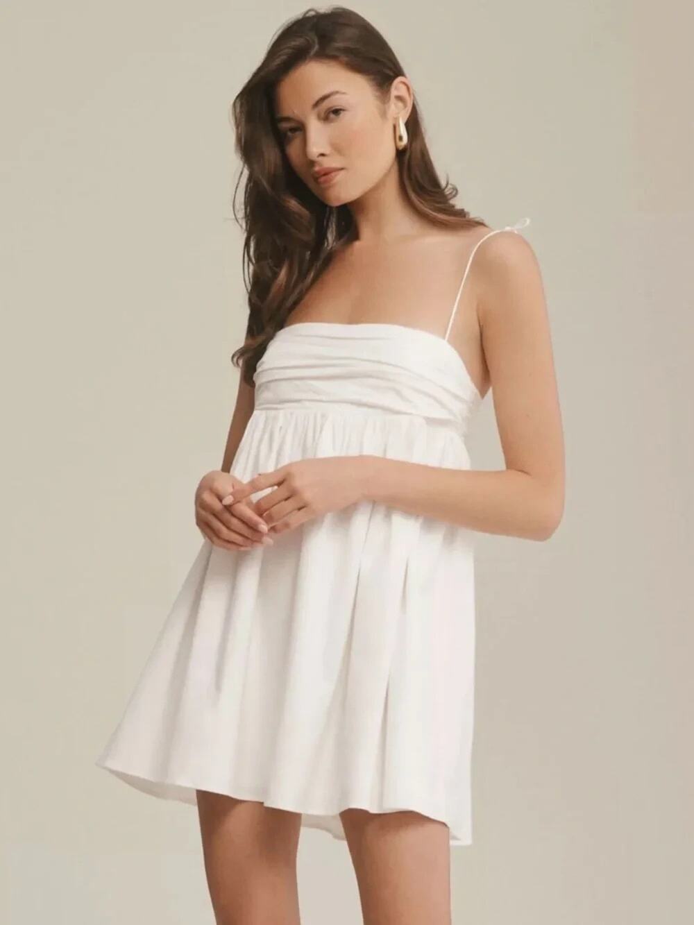 Reformation Catarina Dress White Mini Babydoll Poplin Tie Strap Dress Size 12